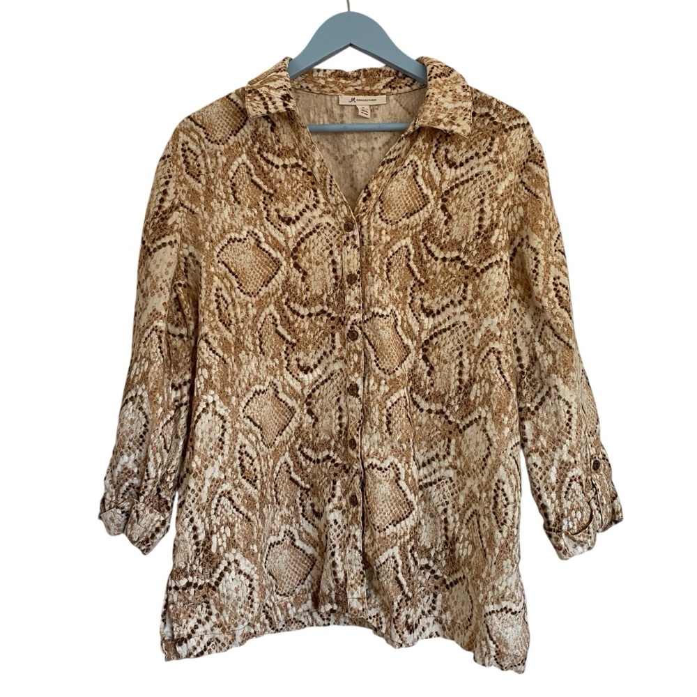 JM Collection Tan Brown 100% Linen Snake‎ Print Lightweight Button Shirt Size 16